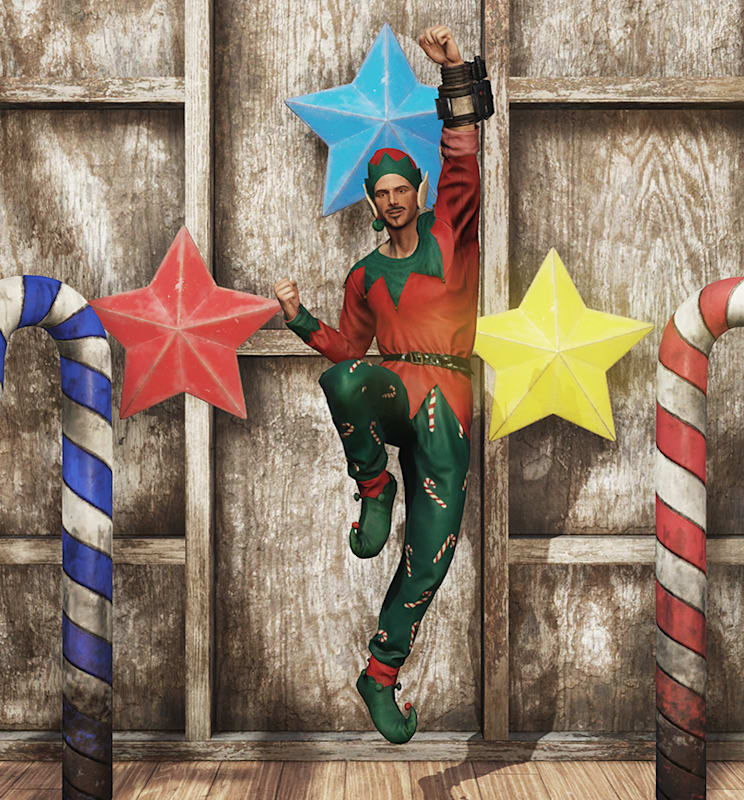 An Appalachian elf jumping in between life-size Plastiform Candy Canes and Plastiform Stars.