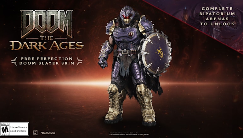 Image of the Perfection DOOM Slayer Skin earnable through completing all three arenas in the Ripatorium.