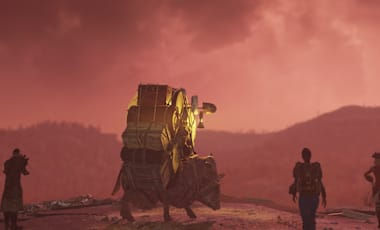 A caravan led by three vault dwellers travel down the road. The sky is a hazy red due to the nearby radstorm and fog rolling in. 