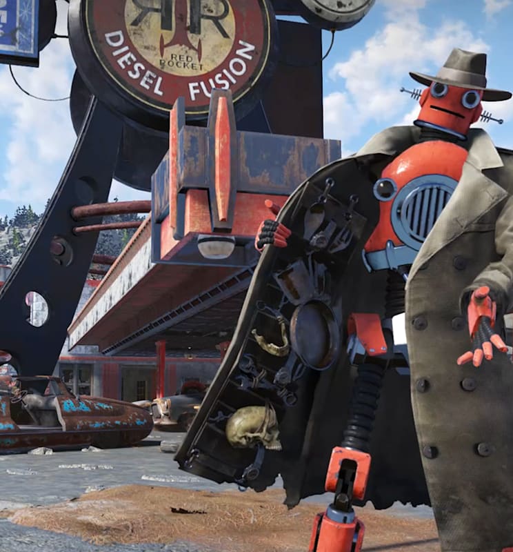 A screenshot ingame of a robot salesman in a trench coat and hat, standing in front of a Red Rocket fueling center. He's inviting you to check out his wares, pulling his trench coat open slightly to reveal a variety of small items like pans and tools for sale.