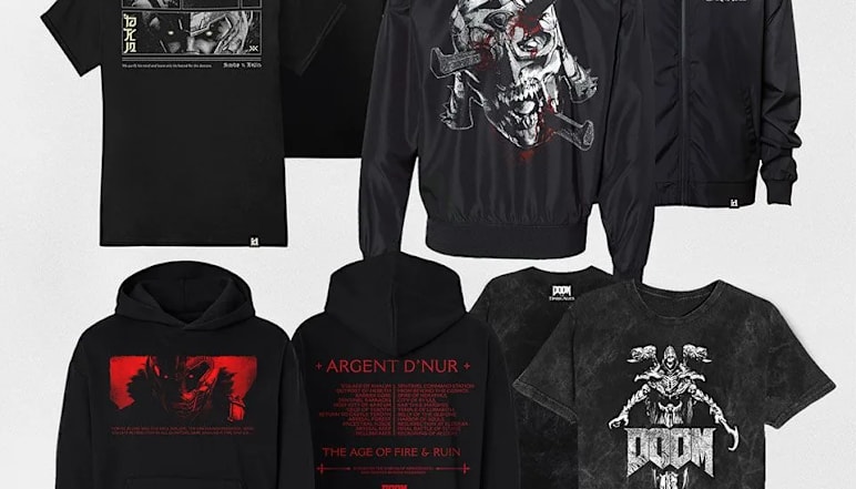 Lineup of DOOM: The Dark Ages-themed shirts and hoodies from id Software's Signature Series.