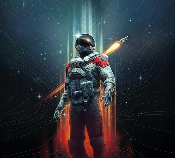 Starfield key art: A pilot looks up to the stars