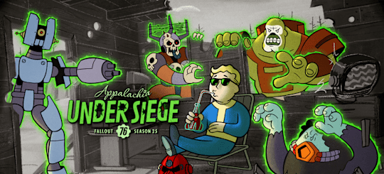 An unsuspecting Vault Boy relaxes in a lawn chair as multiple enemies close in.