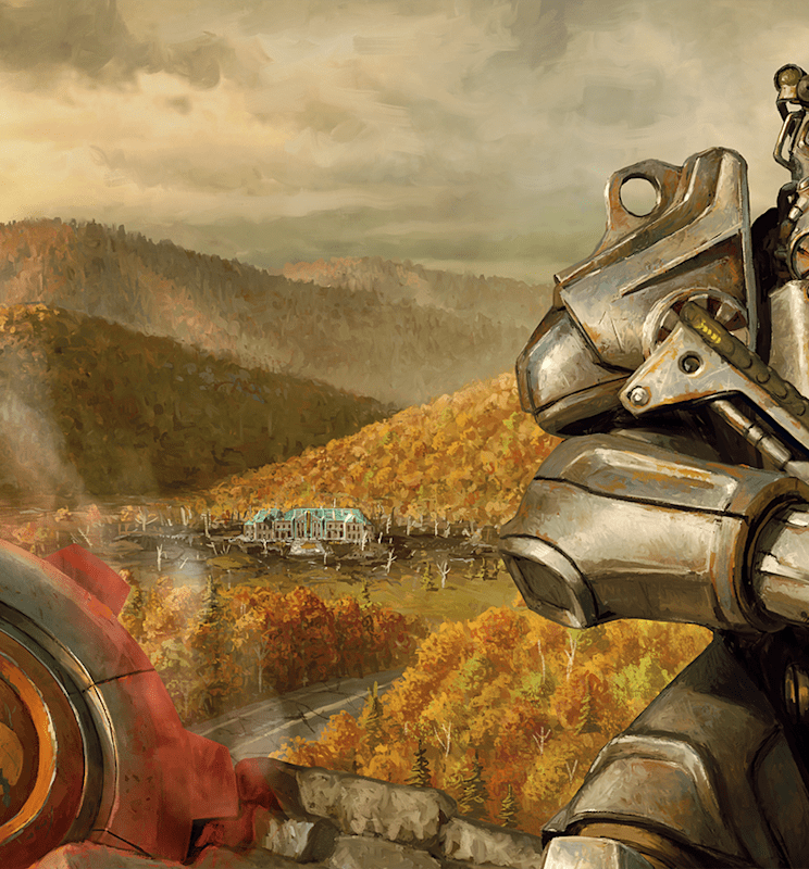 A player in  Power Armor standing in front of vault 63.