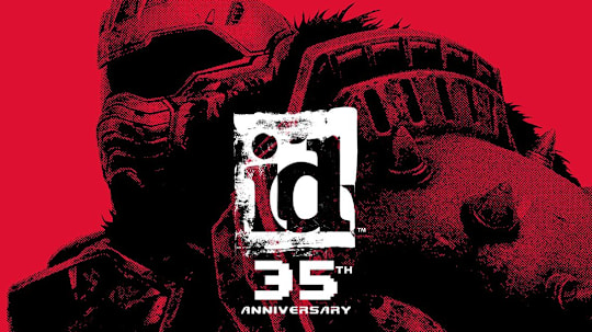 The Slayer stands behind the id Software 35th Anniversary logo