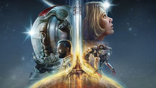 Starfield key art showing Sarah, Barrett, and VASCO