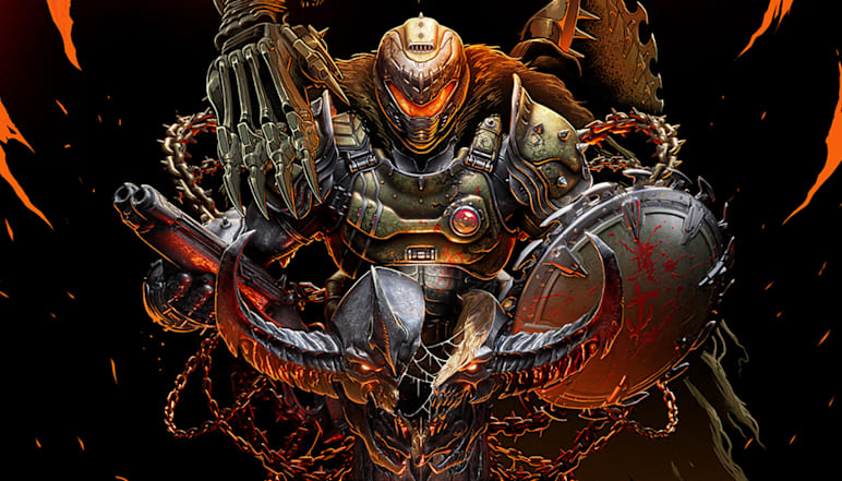 Closeup of DOOM: The Dark Age's anniversary artwork featuring the DOOM Slayer