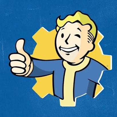Vault Boy gives a thumbs up over a blue background