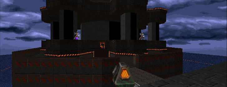 The player encounters enemies under a clouded skybox