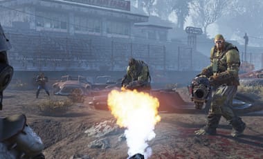 An image of well geared Vault Dwellers fighting a Super Mutant.