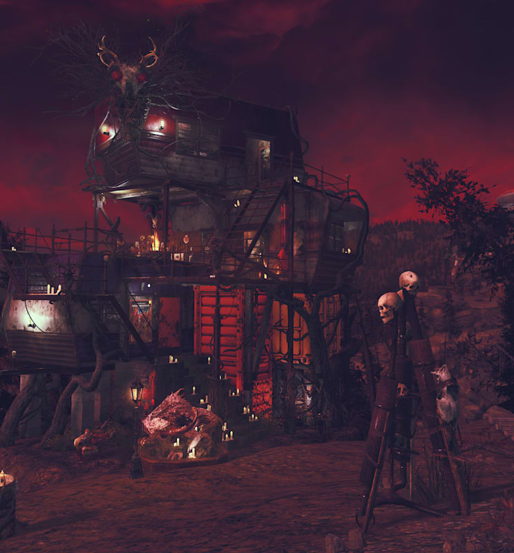 A spooky tiered cultist camp under a blood moon sky