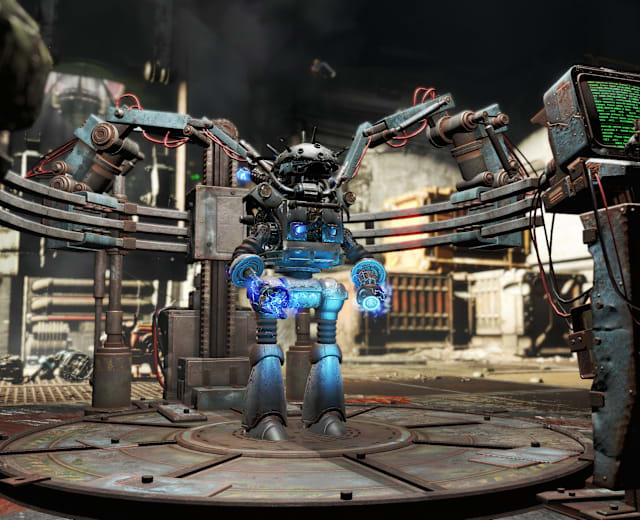 파워 아머 착용자자 벽으로 둘러싸인 투기장에서 적 괴물과 마주합니다