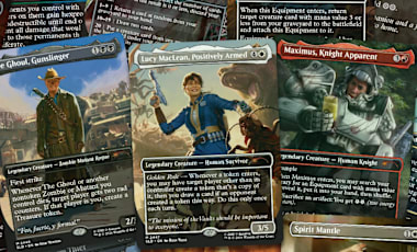 Multiple Fallout-inspired Magic: The Gathering cards are featured in a single large pile.