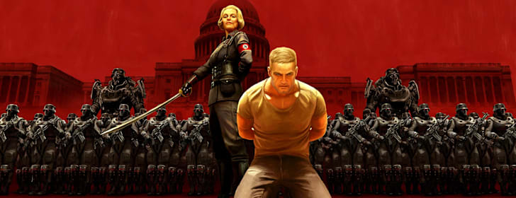 Wolfenstein II: The New Colossus keyart featuring BJ Blazkowicz and Frau Engel