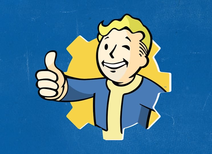 Vault Boy gives a thumbs up over a blue background