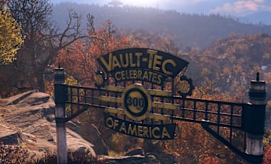 A Vault-tec 300 year anniversary sign with autumn trees in the background.