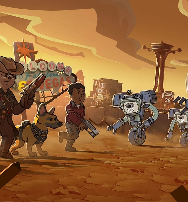Lucy, The Ghoul, CX404 and Maximus face off against Securitrons in front of the New Vegas Strip