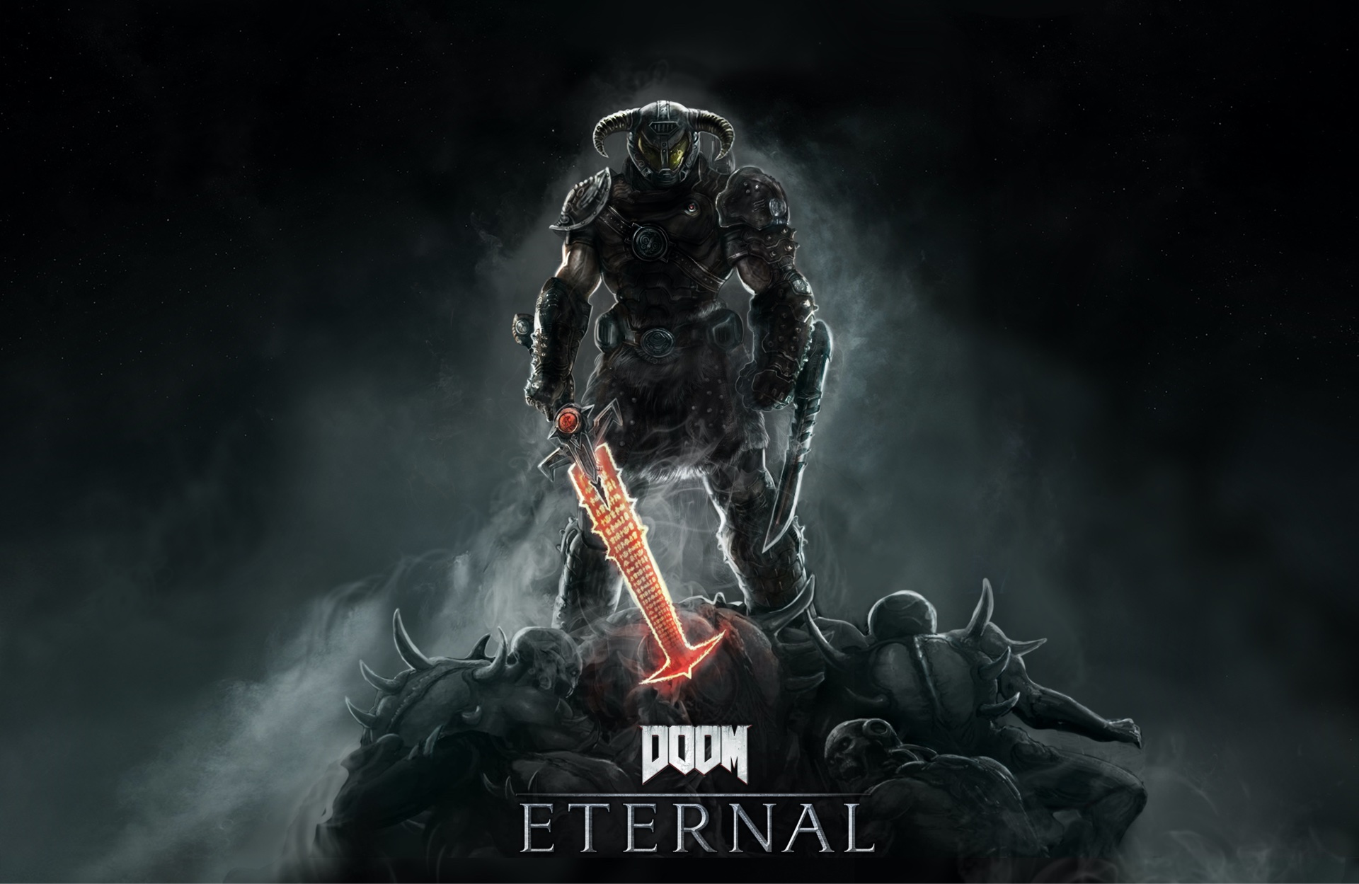 The Slayer dressed in Skyrim armor wielding the Crucible blade