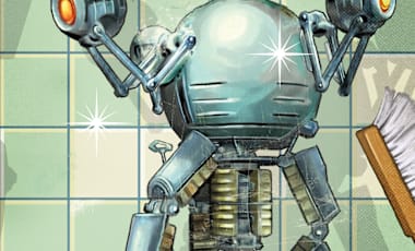 A robot holding a box of scouring powder and a cleaning brush.