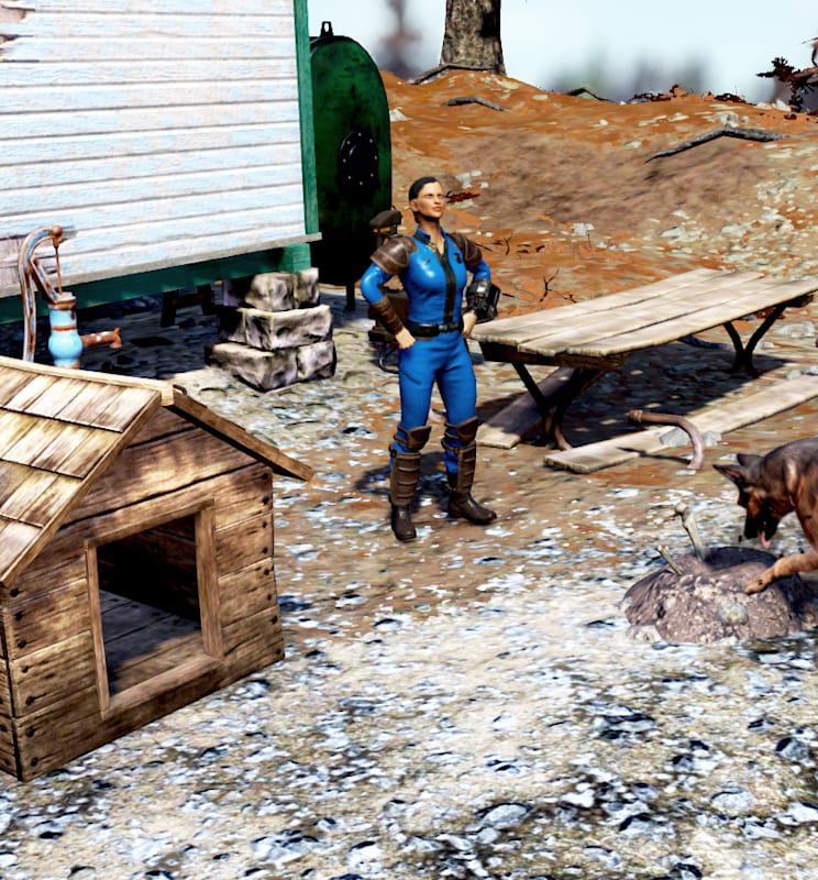 Screenshot of a wooden dog house and a German Shepard digging near by. Its owner, wearing a blue and yellow vault suit, is standing in the middle with their hands on their hips.
