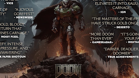Graphic featuring key art of the DOOM Slayer amidst glowing preview quotes from outlets.