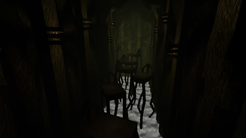 A dark hallway filled with tall chairs.