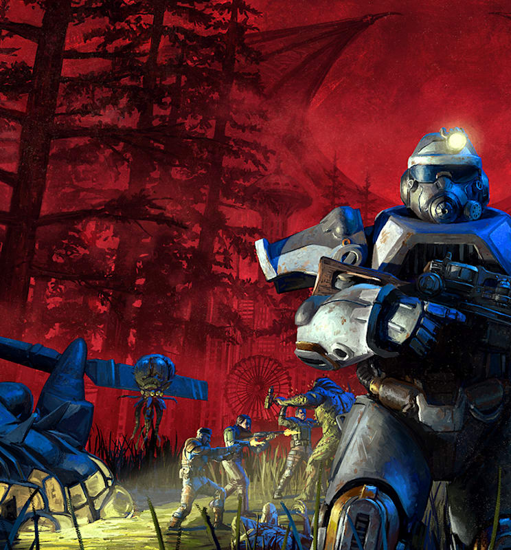 A character in power armor standing in the middle of a dark, red forest
