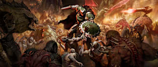 The DOOM Slayer holds his Shotgun and Shield Saw as he takes on a horde of monsters.
