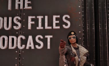 Fallout 76 screenshot featuring a dark metal background with neon white letters spelling out "The Modus Files Podcast" on it. A character in full Enclave gear is pointing straight ahead.
