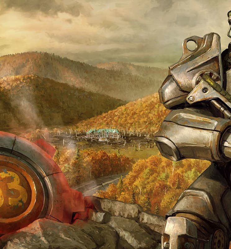 An image of someone in Power Armor standing in front of the Vault 63 door which lies embedded into the ground after being blown off it's hinges.