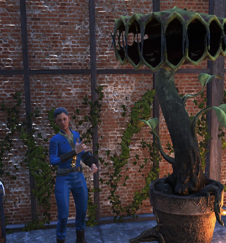 Character in a vault suit standing in front of a brick wall covered in vines. There's an apothecary machine and Spore Plant Bed