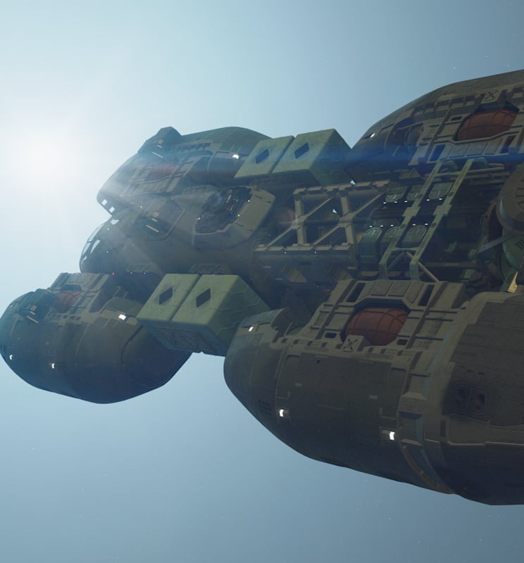 A ship flying through space