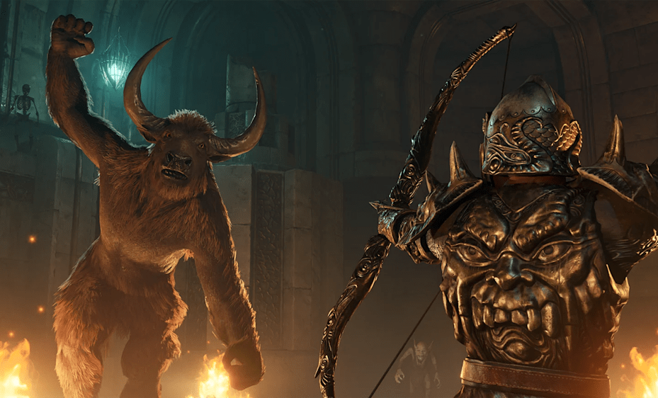 A person in full armor preparing their bow as a minotaur attacks 