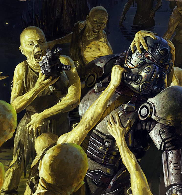 A horde of ghouls attacking power armor