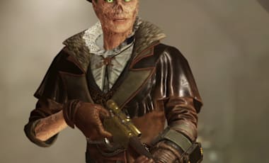 An image of a Ghoul wearing a cowboy hat and leather clothing. They're holding a lever-action rifle.