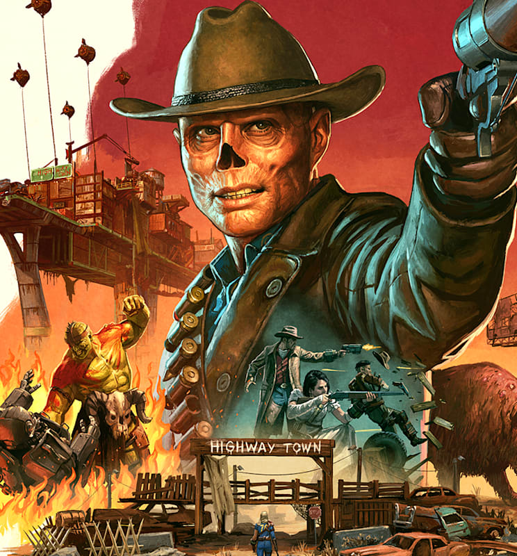 The Ghoul stands with his gun aimed above a Burning Springs collage