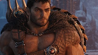 An unarmored DOOM Slayer is clad in barbarian gear.