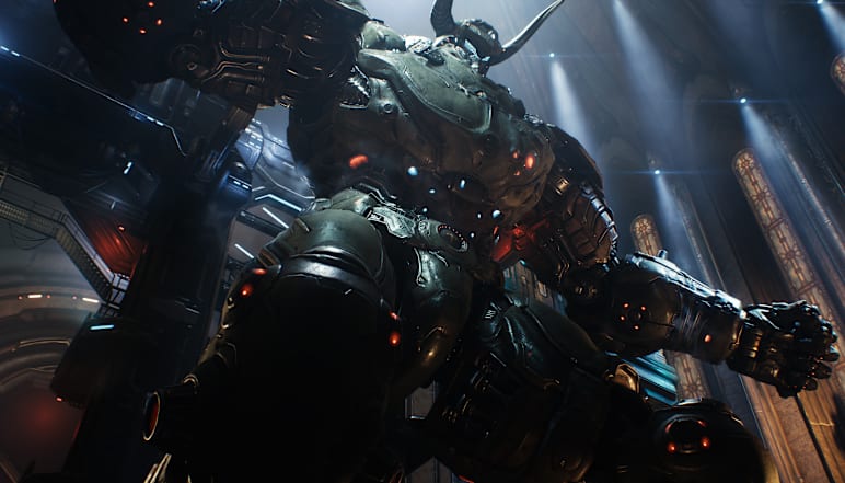 The building-sized Atlan mech imposes from above.