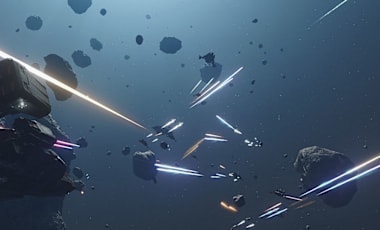 Epic Starfield space battle in an asteroid field