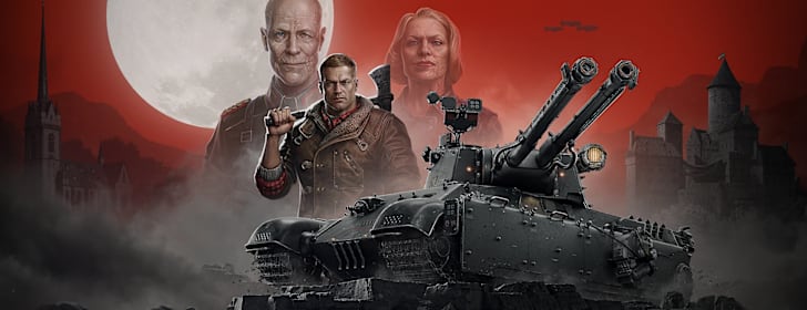 World of Tanks and Wolfenstein collaboration key art featuring the Zwilling tank, BJ Blazkowicz, Deathshead, and Frau Engel