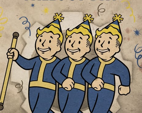 Three vault boys in party hats 