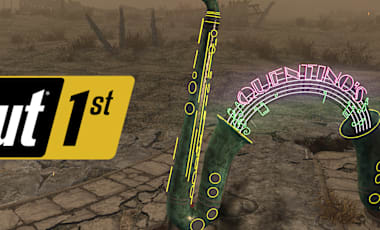 Large neon sign that says Quentinos and features giant saxophones on either side.