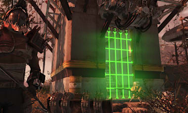 A character wearing the Sawtooth outfit and mask, with the Skull Tower and Door behind them.