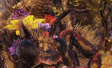 Beezlebub, a giant honey beast creature makes it's way towards the player. Two Overgrown can be seen in the background stumbling forward as well.