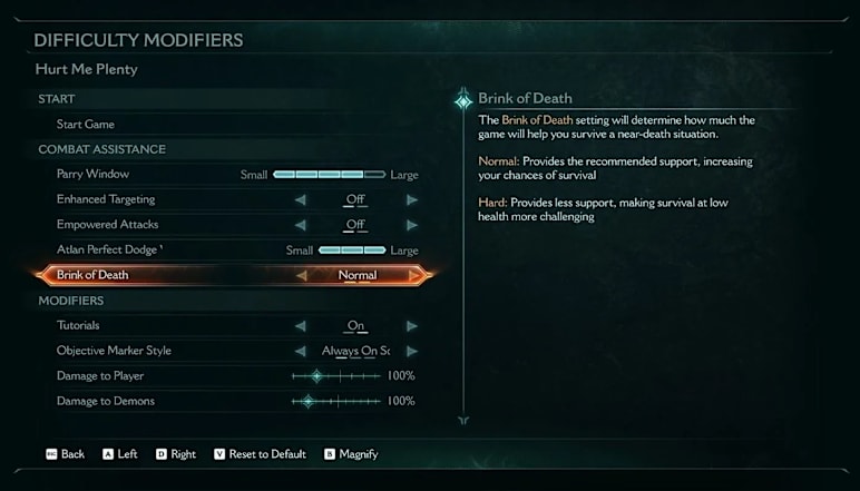 Screenshot from DOOM: The Dark Ages showing the Difficulty Modifiers menu.
