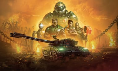 Key art of the World of Tanks event featuring DOOM characters and the 'FV225 Mk. BFG' Tank.