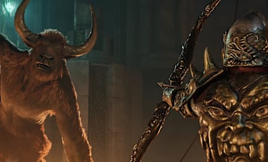 A person in full armor preparing their bow as a minotaur attacks 