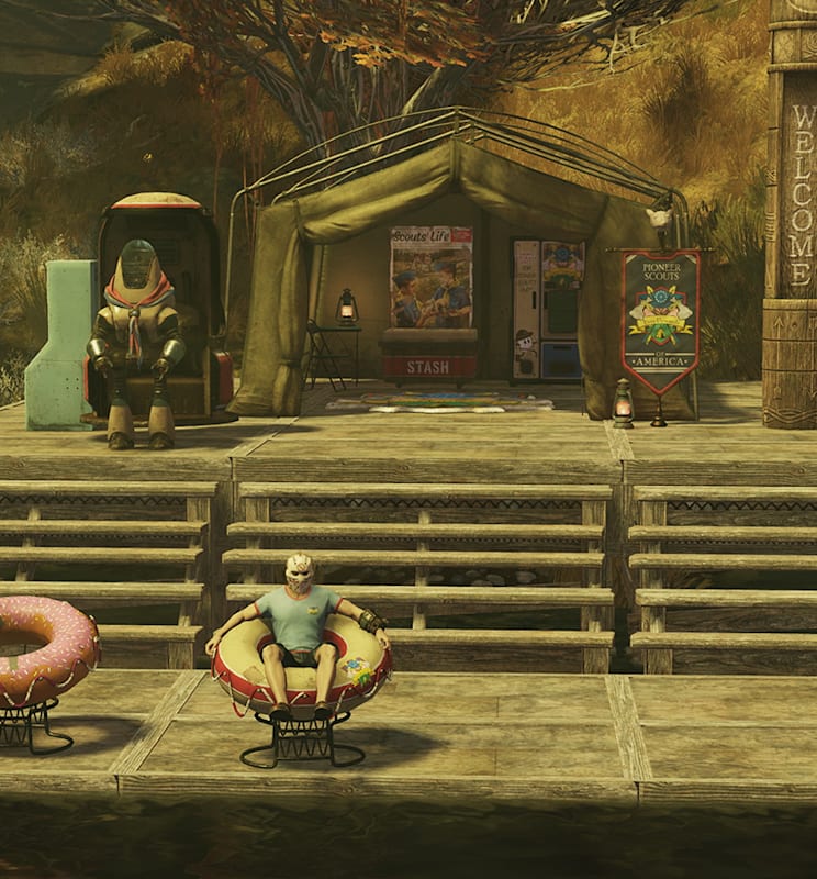 Summer camp tent on a raised wooden platform. There is a dock on the water below with three donut floaty chairs with one masked character lounging on one.