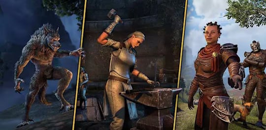 A collection of images from The Elder Scrolls Online - a werewolf, a character forging armor, a character extends a welcoming hand