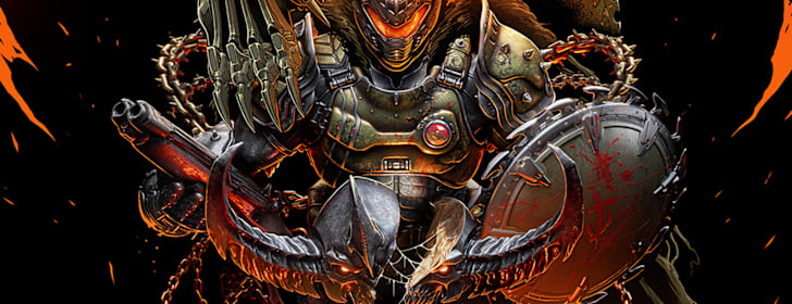 Closeup of DOOM: The Dark Age's anniversary artwork featuring the DOOM Slayer